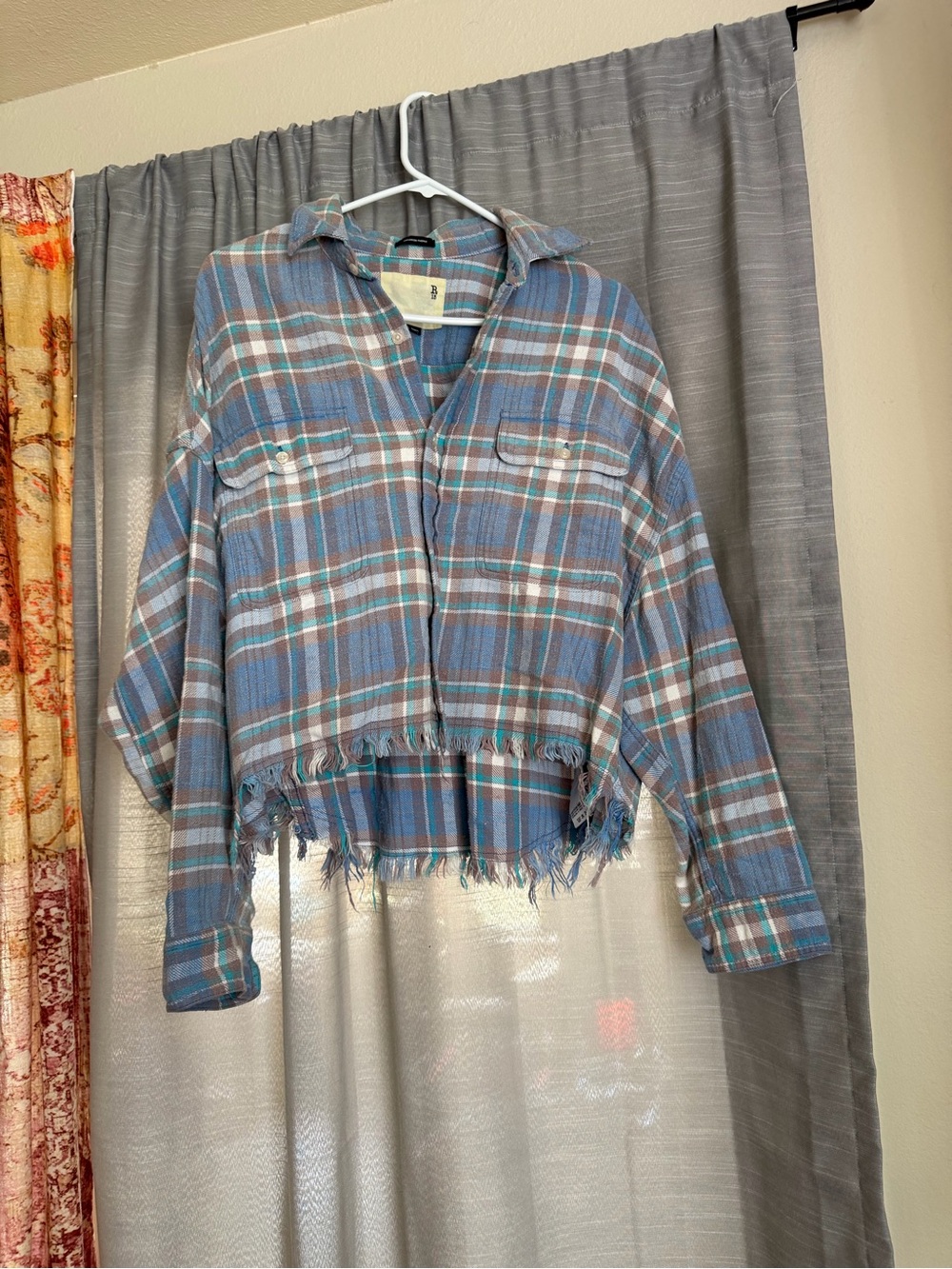 R13 Blue Plaid Cropped Button-Down Shirt Size Small